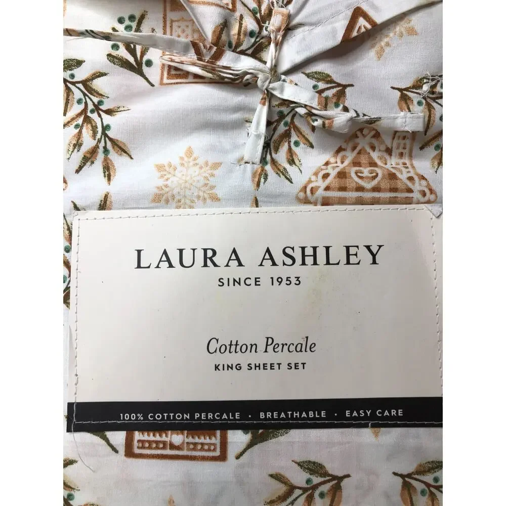 Laura Ashley King Sheet Set Cotton Percale Gingerbread Holiday Print Breathable
